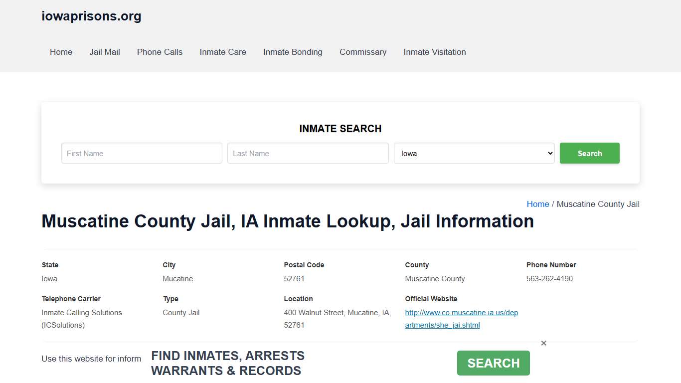 Muscatine County Jail, IA - Offender Locator, Contacts, Inmate Info